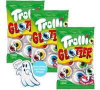 Trolli Glotzer Bonbons d'Halloween - 3 sachets de 75 g avec 4 yeux chacun (12 glaçons au total) - Sans lactose et sans gluten, avec autocollants fantômes - Parfait pour les sacs d'école, les pinatas