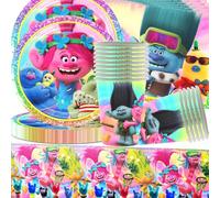 Trolls Vaisselle de fête,Elfes Ensemble Vaisselle Fête,Elfes Vaisselle de Fête Assiette,61PCS Gobelets,Serviettes,Nappes, de fées pour les Décorations de fêtes d'anniversaire d'enfants