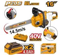 Tronçonneuse à chaîne - INGCO - 40V (2x20V) - 2x4Ah - Barre 16"" (40 cm) - Moteur sans charbons
