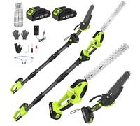 Tronçonneuse avec batterie télescopique et taille-haie, batterie télescopique, 4 en 1, outils de jardin avec 4 chaînes remplaçables, 2 x 4 000 mAh Batteries pour élagueuse jardins, arbustes et