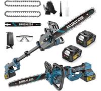 Tronçonneuse sans fil 12 pouces, scie à branches télescopique 2 en 1 jusqu'à 105 cm, moteur sans balais 3000 W, graisseur automatique et tension de chaîne sans outil et 2 * 4000 mAh pour les branches