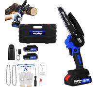 Tronçonneuse sans fil 21 V, 6 pouces, bleue, mini tronçonneuse avec 2 batteries, 2 chaînes, scie à main électrique, avec serrure de sécurité, pour le jardinage, l'élagage des arbres, la coupe du bois