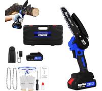 Tronçonneuse sans fil 21 V, 6 pouces, bleue, mini tronçonneuse avec batteries, 2 chaînes, scie à main électrique, tronçonneuse manuelle avec serrure de sécurité, pour jardinage, taille d'arbre, coupe