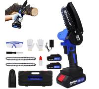 Tronçonneuse sans fil 21 V avec 2 batteries, 2 chaînes, 15,2 cm, bleue, tronçonneuse électrique à une main, avec verrou de sécurité, pour le jardinage, l'élagage des arbres, la coupe du bois