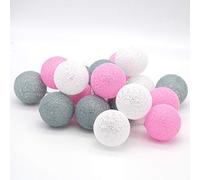 Tronje 20 LED Guirlande Lumineuse Ø6cm Boules de Coton avec Minuterie 4h - Portable Chaîne Lumière 3,8m - Décoration Lampe avec Piles - Gris-Rose