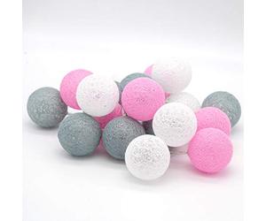 Tronje 20 LED Guirlande Lumineuse Ø6cm Boules de Coton avec Minuterie 4h - Portable Chaîne Lumière 3,8m - Décoration Lampe avec Piles - Gris-Rose