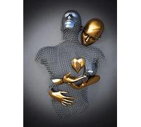 TROONZ Love Heart Effet 3D Wall Art avec Cadre en Bois, Abstrait Toile Wall Art, Métal Fil Sculpture Figure Couple Peinture, Moderne Décoration Mural-C||50 * 70cm