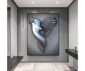TROONZ Love Heart Effet 3D Wall Art, Toile de Sculpture Abstraite en Métal, Décoration Murale de Peinture Moderne, Love Heart Grey Art Wall-A1||60 * 80cm