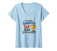 Trophée d'étudiant Premier Jour Champion 1ère année T-Shirt avec Col en V, Femme, Bleu Céleste, XXL