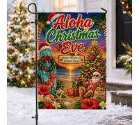 Tropical Aloha Drapeau de jardin Père Noël 30,5 x 45,7 cm | Thème tropical, drapeau de cour, décoration côtière, fleurs d'hibiscus, décoration de planche de surf