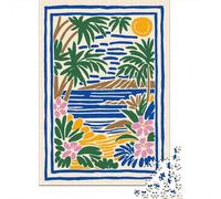 Tropical Beach Illustration with Floral Border Puzzle Adulte 1000 Pièces, 52x38cm/1000pcs; Pièces Peu Poussiéreuses pour La Table; pour Progresser À Son Propre Rythme