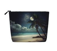 Tropical Beach Palm Tree with Full Moon Multi Functional Single Layer Linen Makeup Bag Fashion and Practical Cosmetic Storage Bag, Noir , Taille unique