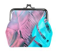 Tropical Blue Pink Leaves Plant Coin Purse Vintage Pouch Buckle Clutch Bag Kiss-Lock Change Purse Fermoir Fermeture Portefeuilles pour Femme Fille