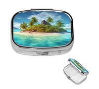 Tropical Island Pilulier carré en métal à 2 compartiments - Joli pilulier de voyage portable pour médicaments et vitamines - Cadeau unique pour homme et femme