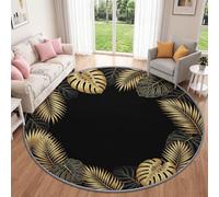 Tropical Plantes Monstera Feuilles Palmier Tapis Rond Salon 150 cm Lavable | Luxe Moderne Tapis Rond Chambre à Poil Ras, Douce Antidérapant Noir Doré Tapis Cuisine Salle à Manger Bureau Résistant