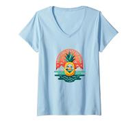 Tropical State of Mind Pineapple Paradise Beach, Hawaïens T-Shirt avec Col en V, Femme, Bleu Céleste, L