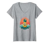 Tropical State of Mind Pineapple Paradise Beach, Hawaïens T-Shirt avec Col en V, Femme, Gris Chiné, XXL