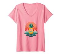 Tropical State of Mind Pineapple Paradise Beach, Hawaïens T-Shirt avec Col en V, Femme, Rose, M