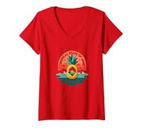 Tropical State of Mind Pineapple Paradise Beach, Hawaïens T-Shirt avec Col en V, Femme, Rouge, L