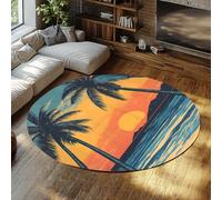 Tropical Sunset Palm Rond Tapis de Porche Orange & Teal Tapis de Sol circulaires Doux Chambre de Cuisine Lavable Sol intérieur Accent Salle de Bain pour pièce Nuit d’Enfant Salon Bureau à 80cm