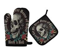 TropicalLife OOWOW Ensemble gant et manique Rock In Roll Tête de Mort Rose Doublure Coton Résistant à la Chaleur pour Cuisine Cuisson Griller Noël