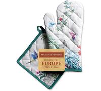 Tropiques Set of Oven Gloves (19cm x 33cm) and Pot Holders (20cm x 20cm) 100% Cotton for Barbecue,Baking,Oven,Microwave,Grilling,Spring/Summer,Easter