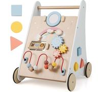 Trotteur en bois COSTWAY, chariot de marche 7 en 1 avec plateau de jeu, miroir & blocs de construction, chariot à pousser avec boîte de rangement, trotteur libre pour bébé dès 1 an