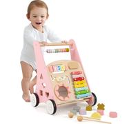Trotteur en bois pour bébé COSTWAY, chariot de marche avec poignées lisses, pneus en caoutchouc & activités ludiques intégrées, chariot de marche pour bébé 1+, rose