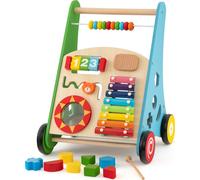 Trotteur en bois pour bébé COSTWAY, chariot de marche avec poignées lisses, pneus en caoutchouc & activités ludiques intégrées, chariot de marche pour bébé 1+, Coloré