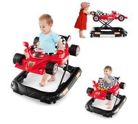 Trotteur pour bébé COSTWAY 4 en 1, chariot de marche en forme de voiture avec hauteur réglable & plateau de jeu amovible (rouge)