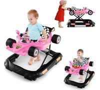 Trotteur pour bébé COSTWAY 4 en 1, chariot de marche en forme de voiture avec hauteur réglable & plateau de jeu amovible (rose)