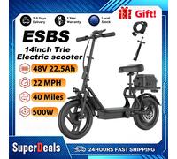 Trottinette électrique pliable 500W 48V 22.5Ah avec siège et coffre de rangement arrière, vitesse 22MPH, autonomie 40 miles, roues 14 pouces, pour adultes et trajets quotidiens, en stock UE 22.5AH