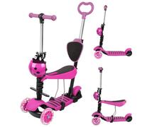 Trottinette Enfant 2-8 Ans 5 en 1 avec siège 3 Roues évolutive réglable en Hauteur de 58 à 66 cm,LED Roues Qui Brillent sans Pile Pliable (Rose)