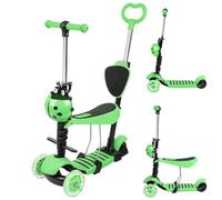 Trottinette Enfant 2-8 Ans 5 en 1 avec siège 3 Roues évolutive réglable en Hauteur de 58 à 66 cm,LED Roues Qui Brillent sans Pile Pliable (Vert)