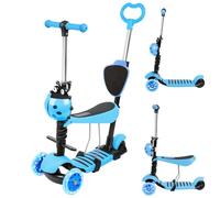 Trottinette Enfant 2-8 Ans 5 en 1 avec siège 3 Roues évolutive réglable en Hauteur de 58 à 66 cm,LED Roues Qui Brillent sans Pile Pliable (Bleu)