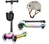 Trottinette enfant avec Casque LIONELO Mey - Roues éclairées - 3 Roues - Pliable - Hauteur réglable - Beige