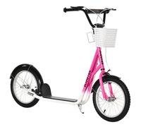 Trottinette patinette enfant grandes roues pneumatiques guidon réglable frein AV-AR garde-boue béquille panier métal rose blanc