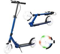 Trottinette Pliable Bleu Ado avec Frein au Guidon et Grande Roue Hauteur Ajustable 3 Niveaux 9-14 Ans Charge 100KG