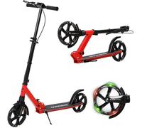 Trottinette Pliable Rouge Ado avec Frein au Guidon et Grande Roue Hauteur Ajustable 3 Niveaux 9-14 Ans Charge 100KG