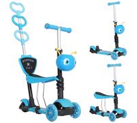 HOMCOM 5 en 1 Trottinette pour Enfants Trottinette 3 Roues évolutive Hauteur Guidon réglable Charge Max. 60 Kg Canne télescopique Selle Dossier Amovible Bleu