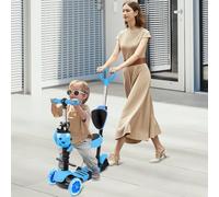 Trottinette pour Enfants, Trottinette 3 Roues LED, Trottinette évolutive 5 en 1 Guidon Réglable en Hauteur Canne Telescopique Selle Dossier Amovible, Polyvalent et Amovible-Bleu