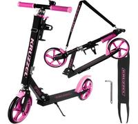 KRUZZEL Trottinette pour Enfants Pliable à partir de 8 Ans Jusqu’à 100 kg, Roues 200 mm - Guidon réglable 87-92-98 cm - Rose - avec Frein au Pied et Porte-Bouteille - Cadre en Aluminium - 25628