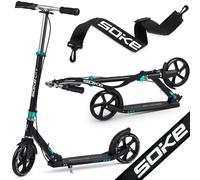 SOKE Trottinette urbaine City Pliable Hauteur réglable Grandes roues 20 cm ABEC-9 noire et turquoise