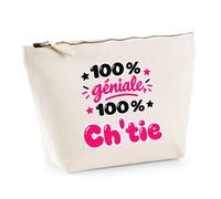 Trousse 100% Géniale 100% Chtie - Pouch Case - Idée Trousse Rangement Cadeau Anniversaire Fête Original Famille Travail Départ Collègue Retraite Noël.