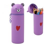 Trousse 2 en 1 en Silicone, Verticale Cartoon Trousse, Ours Trousse à Crayons Scolaire, Porte-Stylo de Table Kawaii, Sac de Papeterie de Bureau pour Étudiant Scolaire Cadeaux Rentré (Violet)