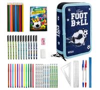 Trousse 3 Compartiments, HOVCEH 58 Pièces Trousse Ecole Garçon, Trous-se Scolaire, Thème de Football Sympa Trous-se Enfant Garcon, Trou-sse Stylo avec Crayons de Couleur, Crayons à Papier, Règles, ETC