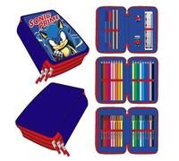 Trousse à 3 compartiments de Sonic - Couleur bleue - 12,5 x 6,5 x 19,5 cm - Fabriquée en 100 % polyester - Fermeture éclair - Avec accessoires - Produit original conçu en Espagne, bleu, Trousse