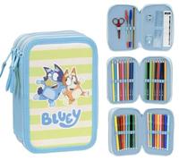 Trousse à 3 Compartiments pour Enfants avec Fournitures Scolaires | Trousse Triple Compartiment avec 3 Fermetures Éclair | Crayons de Couleur et Feutres Inclus (Bluey - Bleu)