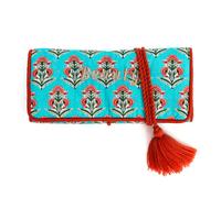 Trousse à bijoux de voyage artisanale roulée et brodée en tissu