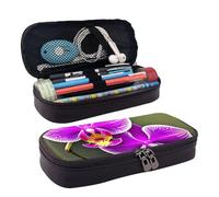 Trousse à cosmétiques à rabat en cuir imprimé fleur d'orchidée, sac de rangement à fermeture éclair, sac de papeterie à rabat en cuir, noir, taille unique, Noir , Taille unique